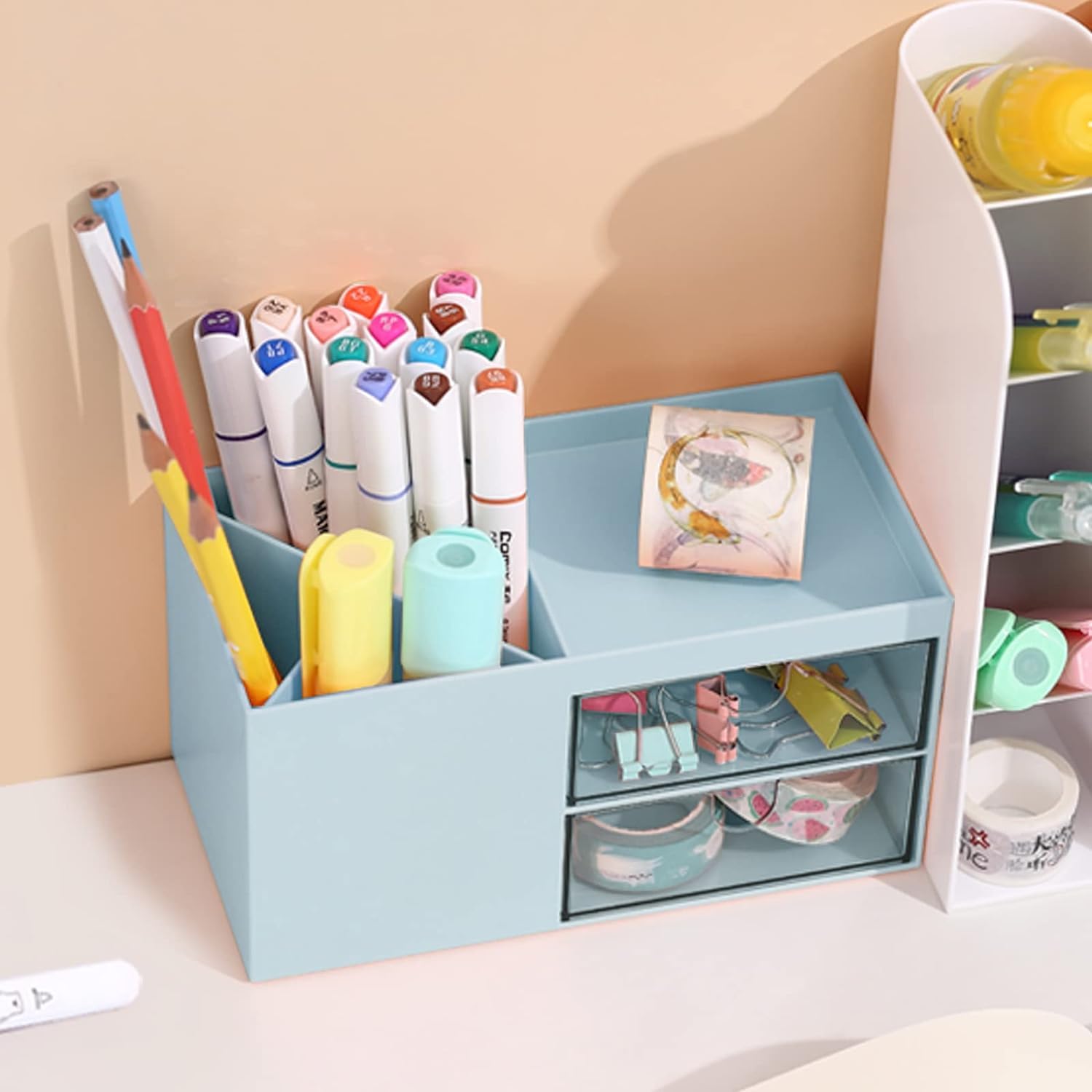Organizer da scrivania con portapenne, portaoggetti in plastica con cassetti, organizer per trucchi per ufficio e scuola, soluzione di archiviazione da scrivania, perfetto per la gestione del