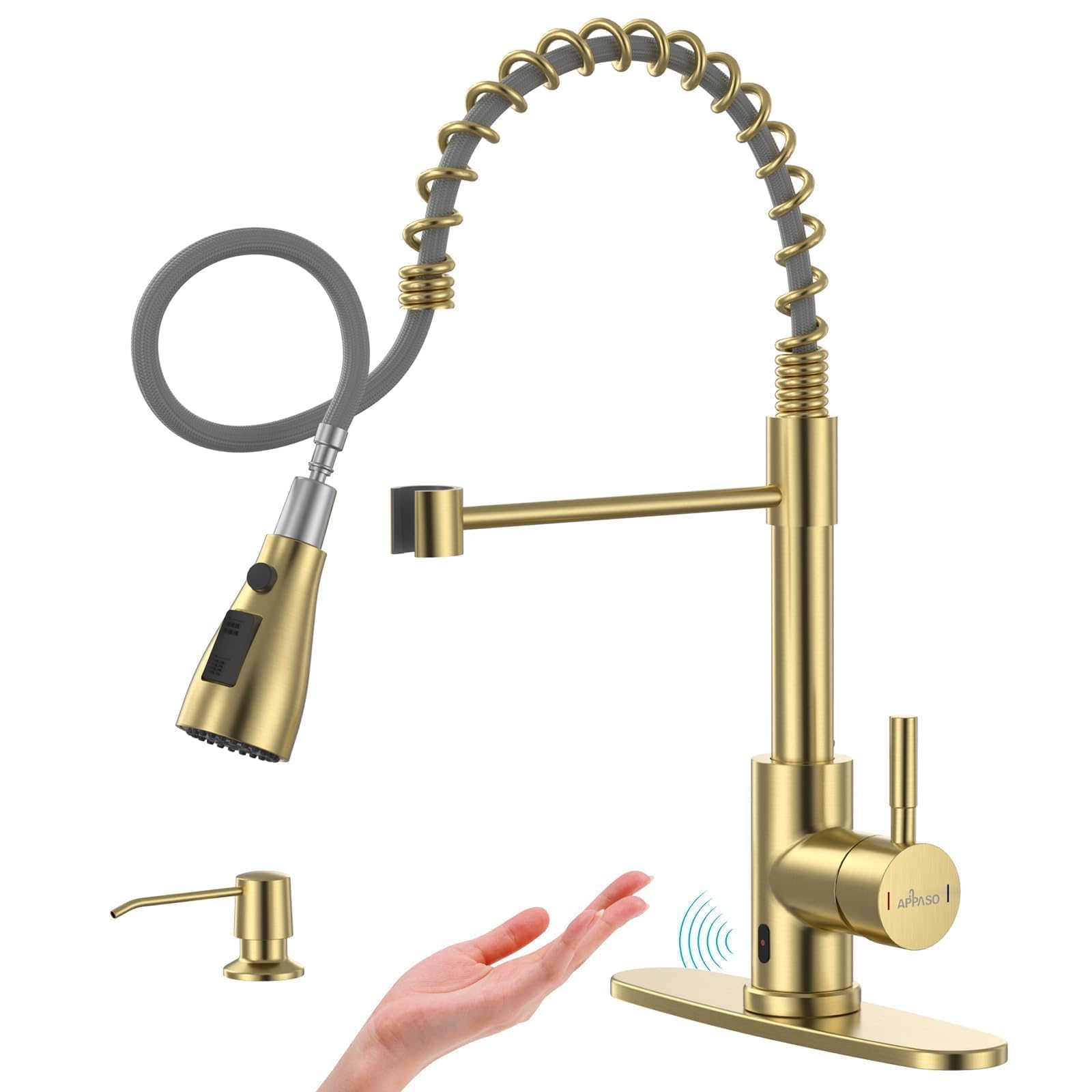 APPASO touchless spring kitchen faucet brushed gold with soap dispenser