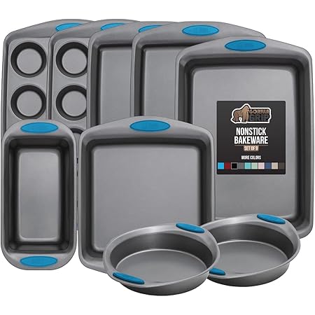 Gorilla Grip Bakeware Sets, Nonstick, Heavy Duty Carbon Steel, 9 Piece Baking Set, Silicone Handles, 2 Large Cookie Sheets, 2 Round Cake Pans, 2 Muffin Pans, Loaf Pan, Oven Roaster, Square Pan, Aqua