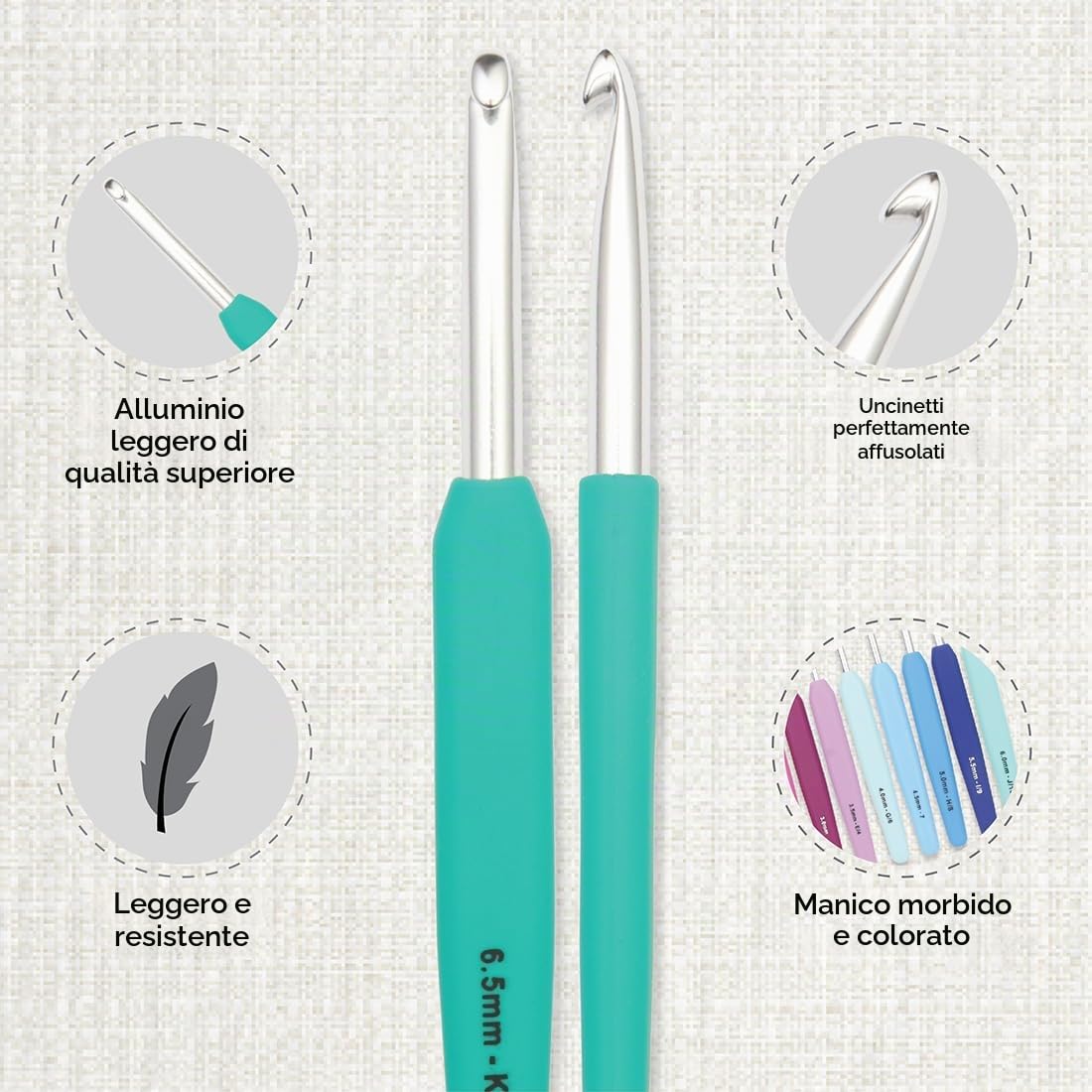 KnitPro Waves - Set di 14 uncinetti Grande, misure da 2 a 12 mm, manici ergonomici morbidi, impugnatura in gomma morbida per mani artritiche, ferri da uncinetto leggeri e comodi per lavorare a maglia