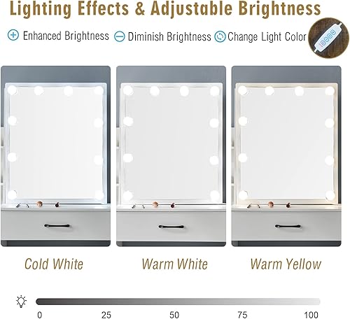 Miniatura 5 de Mesa de tocador blanca con espejo y luces, espejo de tocador con luces, escritorio y silla para dormitorio, escritorio de tocador con 4 cajones de