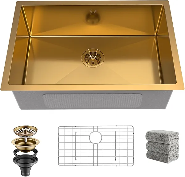 Gold Kitchen Sink 27x18 Inch Undermount Kitchen Sink 16 Gauge Stainless Steel Single Bowl with Accessories Round Corners Handmade