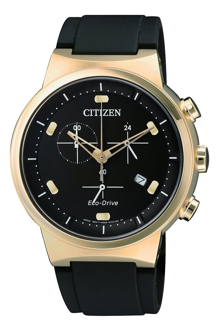 Citizen Eco-Drive Chronograph Watch AT2403-15E with black dial, gold-tone case, and black rubber strap.