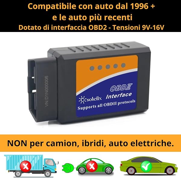 OBD2 Bluetooth soleilx, Scanner Diagnostico Auto Multimarca, Lettore per Diagnosi Veicoli Compatibile con iOS Android Windows - 2