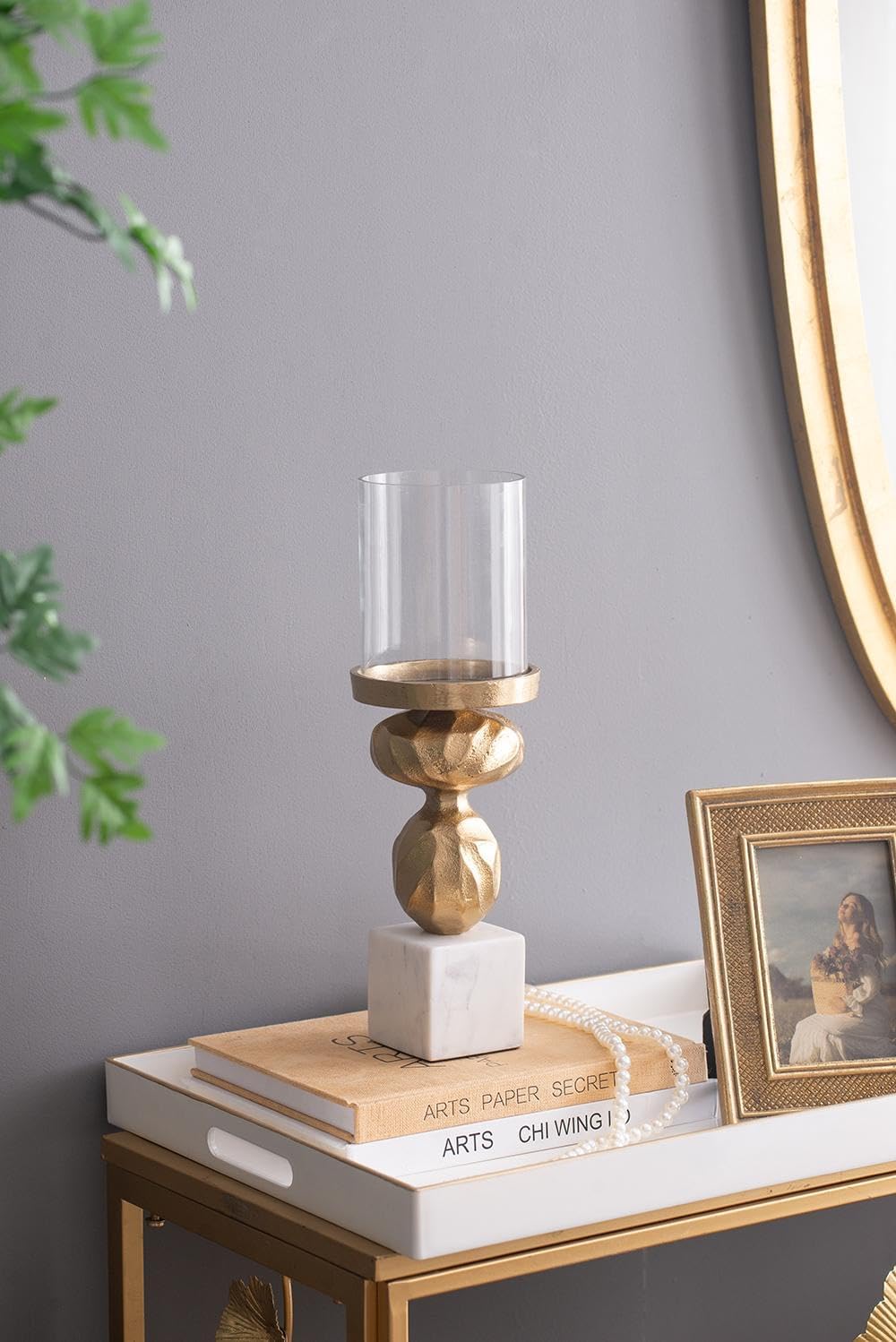 D4.5x14 Elegant Gold Hammered Aluminum Hurricane Candle Holder with White Marble Base - Luxe Modern Tabletop Decor for Cozy Ambiance