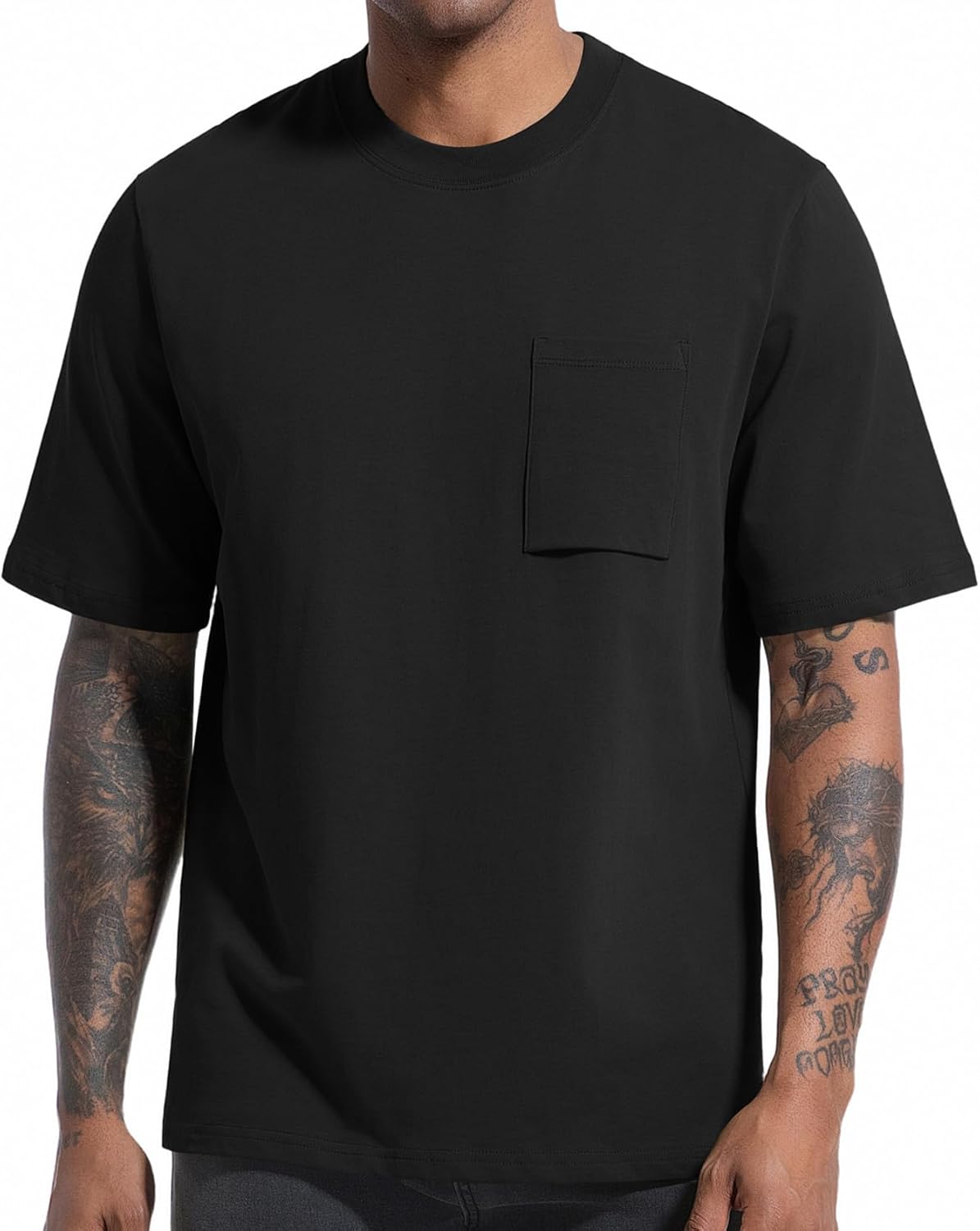 VEIISAR Men's Loose Fit Heavyweight Short-Sleeve Pocket T-Shirt - Mens 100 Cotton Crew Neck Thick Tees