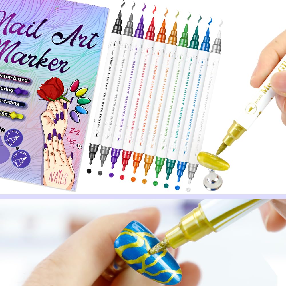 Kit de 10 Stylos Vernis à Ongles, Double Embout Pinceau & Pointe Fine, Vernis 3D Séchage Rapide, Outil de Manucure Professionnel pour Dessin, Détails & Art Graphique