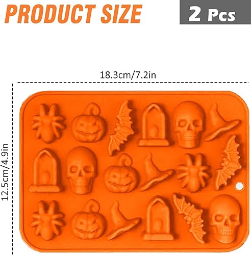 Miniatura 8 de Molde de chocolate de Halloween, 2 piezas de molde de silicona para hornear de Halloween, calabaza, murciélago, calavera, molde de silicona para