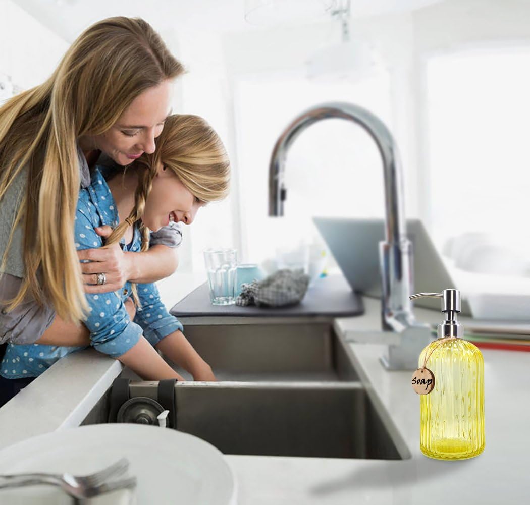 JASAI 18 Oz Glass Soap & Lotion Dispenser with Rust Proof Stainless Steel Pump, Refillable Liquid Pump Bottle Holder Great for Kitchen, Bath, Bathroom Accessories, Countertop (Clear Yellow)
