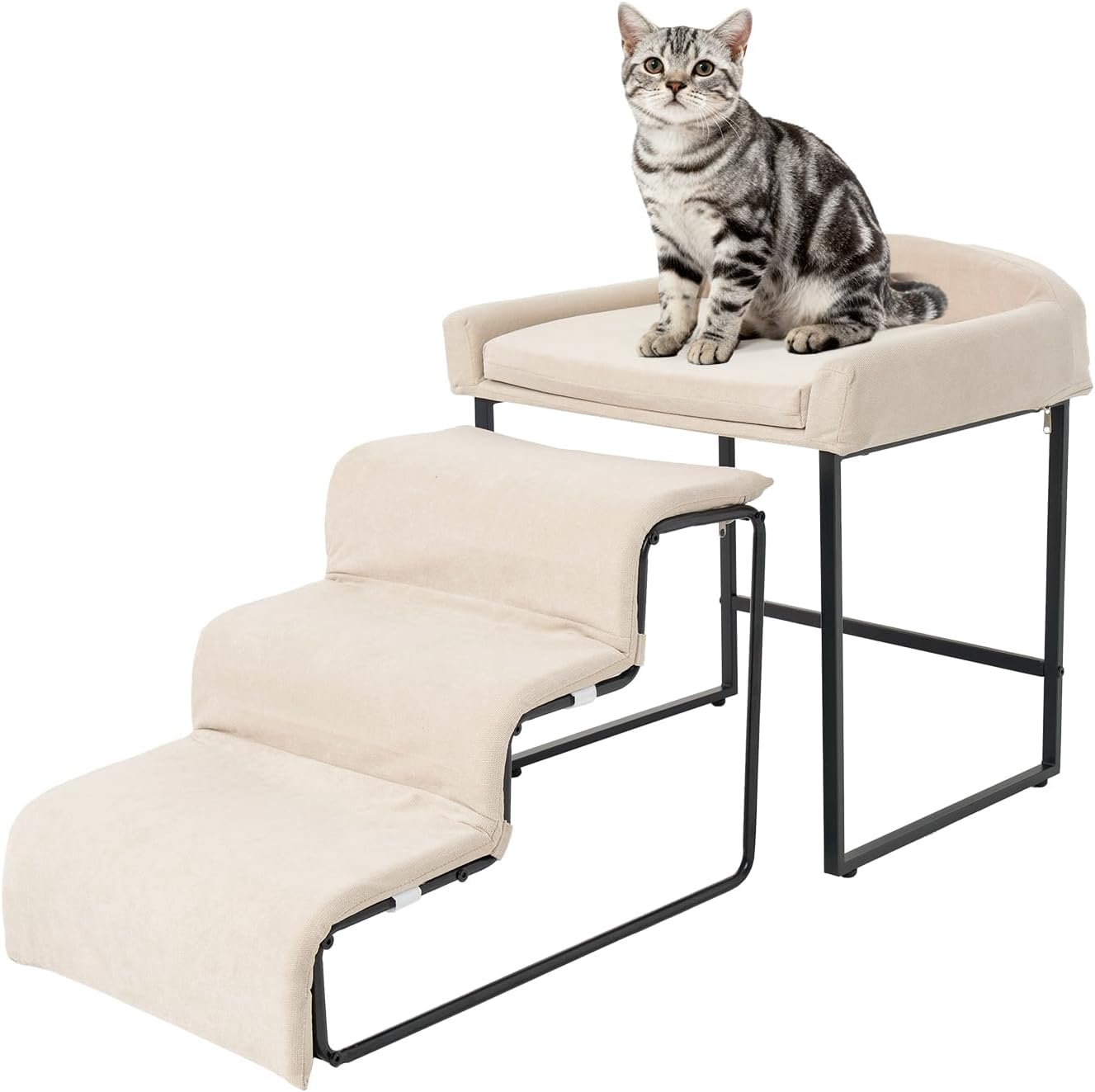 Dog Window Perch with Stairs – Pet Stairs with Seat Bedside Lounge Elevated Pet Bed Non-Slip Dog Window Seat with Sturdy Metal Frame Multi-Level Platform with Foam Upholstery