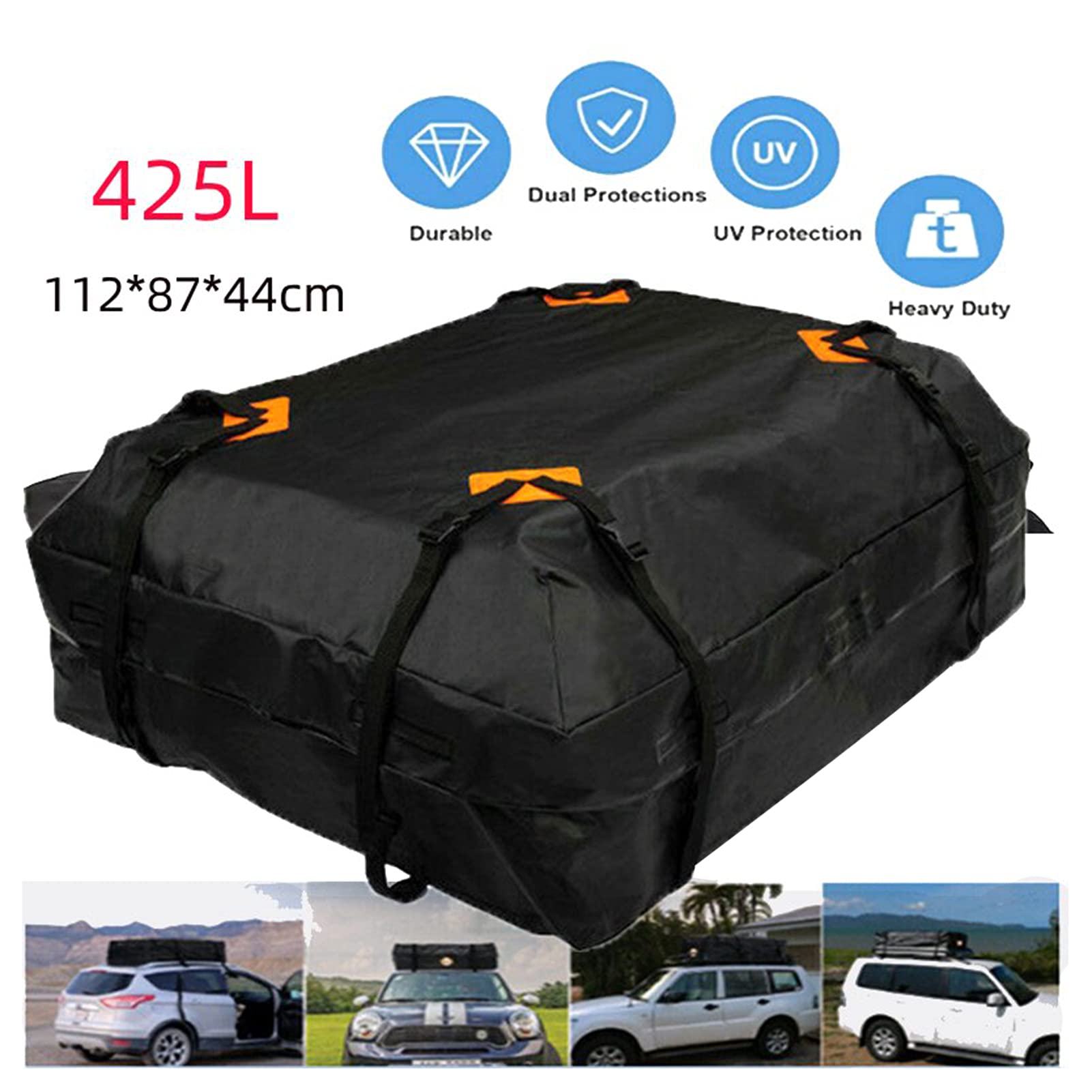 Sac de toit pour voiture, porte-bagages de toit 15 mètres cubes, sac de toit étanche pour bagages de rangement supérieur pour toute voiture avec ou sans barre transversale de toit (A)