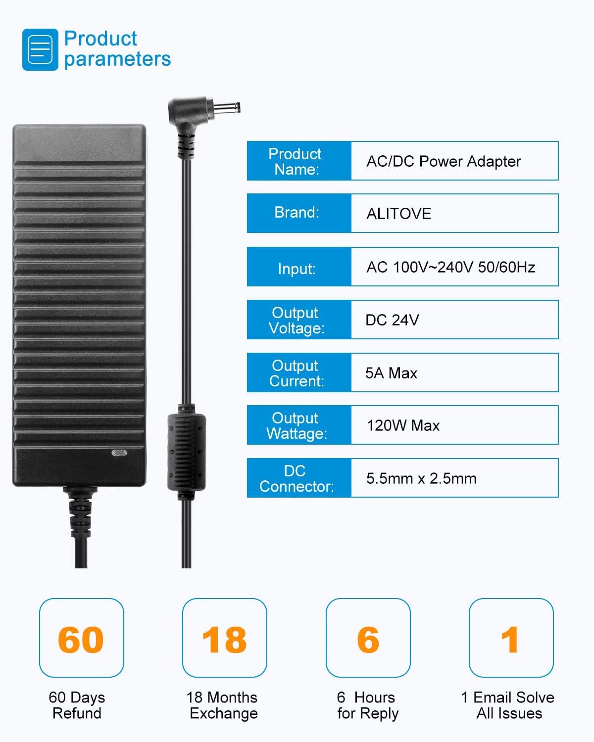 Alitove Alimentatore 24V 5A 120W - Da 100-240V AC A DC 24V, Jack 5,5x2,1 Mm, Per Strisce LED E Dispositivi Elettronici