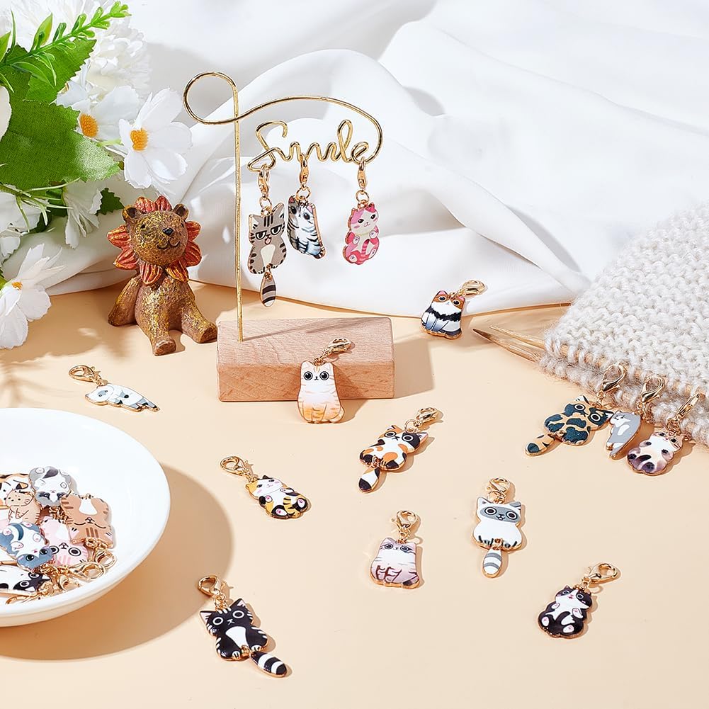 WEBEEDY 25 Styles Cat Clip on Charms for DIY Jewelry Making Cute Cat Pendant with Lobster Clasps Alloy Animal Badge Reel Charms for ID Card Purse Keychains Stitch Marker Office Graduation Supplies