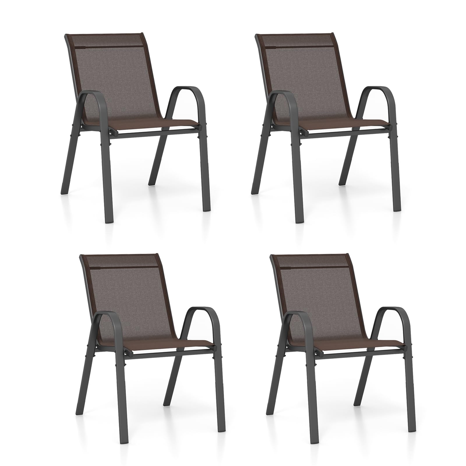 KOMFOTTEU Juego de 2/4 Sillas de Jardín, Silla Apilable Terreza Exterior de Tela con Marco de Metal, Sillón de Comedor con Reposabrazos y Respaldo Alto, Carga 150kg, 56 x 70 x 84 cm (4, Marrón)