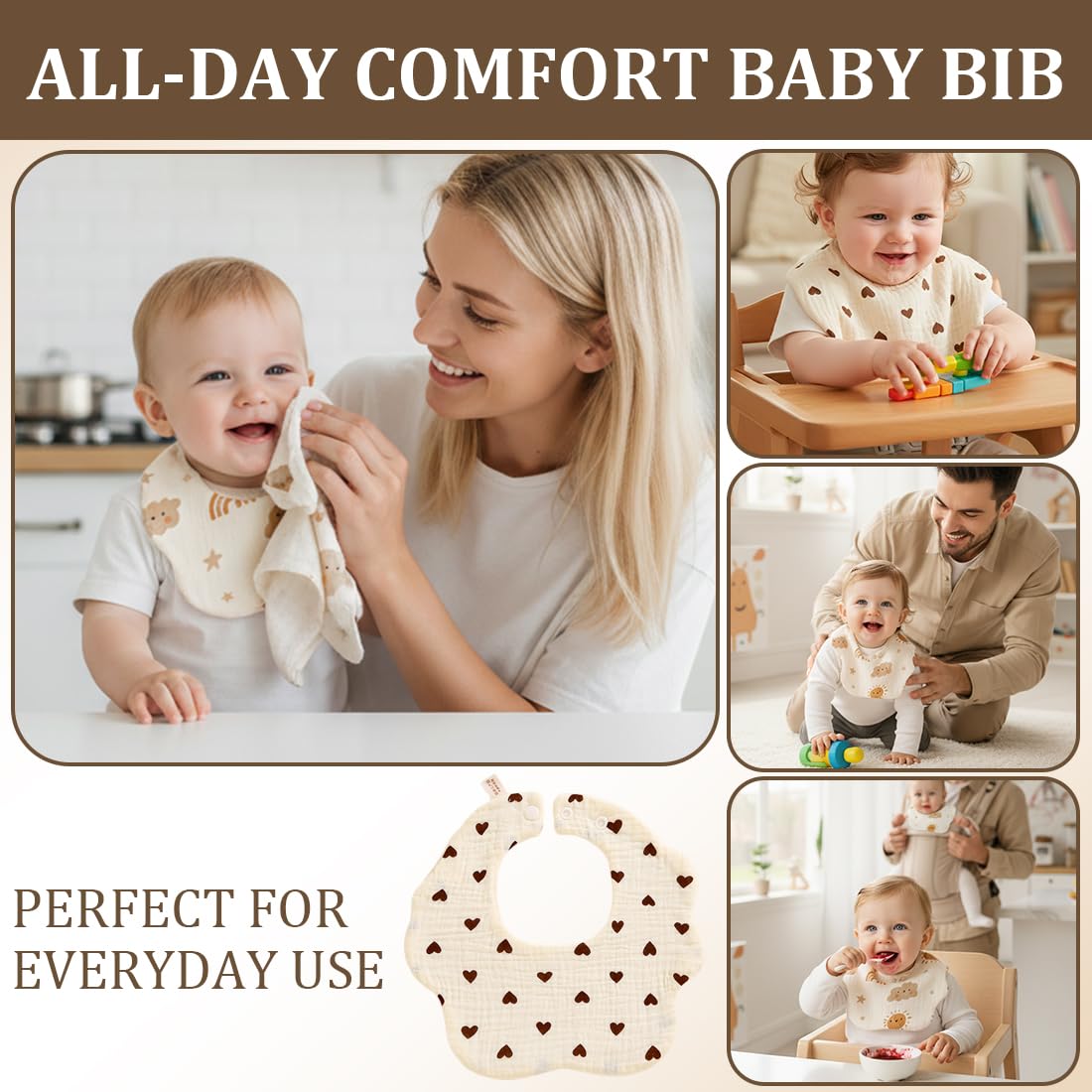 Baby Dribble Bibs, Bavaglini per neonati 3 pezzi, sciarpa a fiori per neonati con bottoni regolabili, cotone, assorbenti e morbidi, adatti a bambini e bambine, bavaglini anti-sbavatura - 5