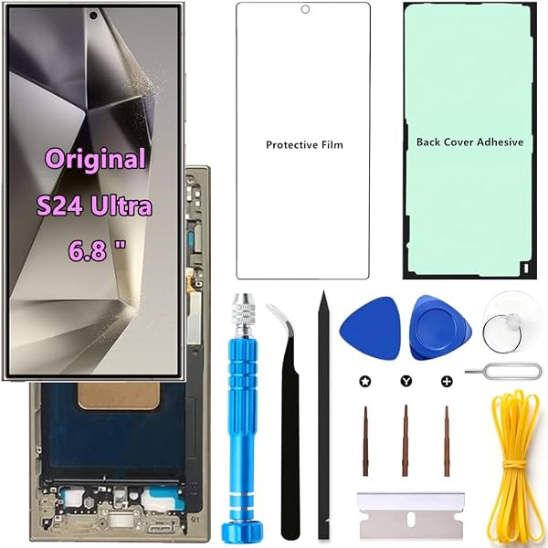 Pantalla original de 6.8" AMOLED 120Hz para S24 Ultra, reemplazo OEM para Samsung Galaxy S24 Ultra 5G SM-S928U SM-S928U1 Pantalla táctil con digitalizador ensamblaje (Marco gris + protector + adhesivo + herramientas)