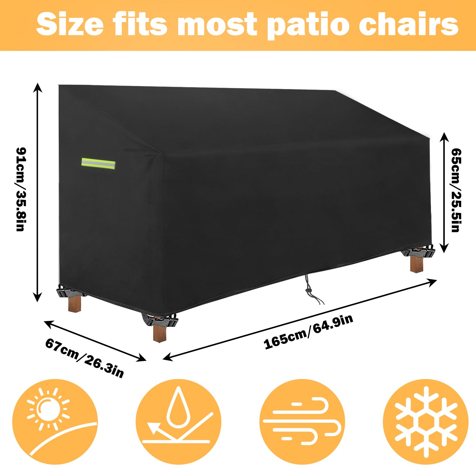 Funda para banco de jardín de 3 plazas, 165 x 67 x 65/91 cm, impermeable, resistente al viento, resistente a los rayos UV