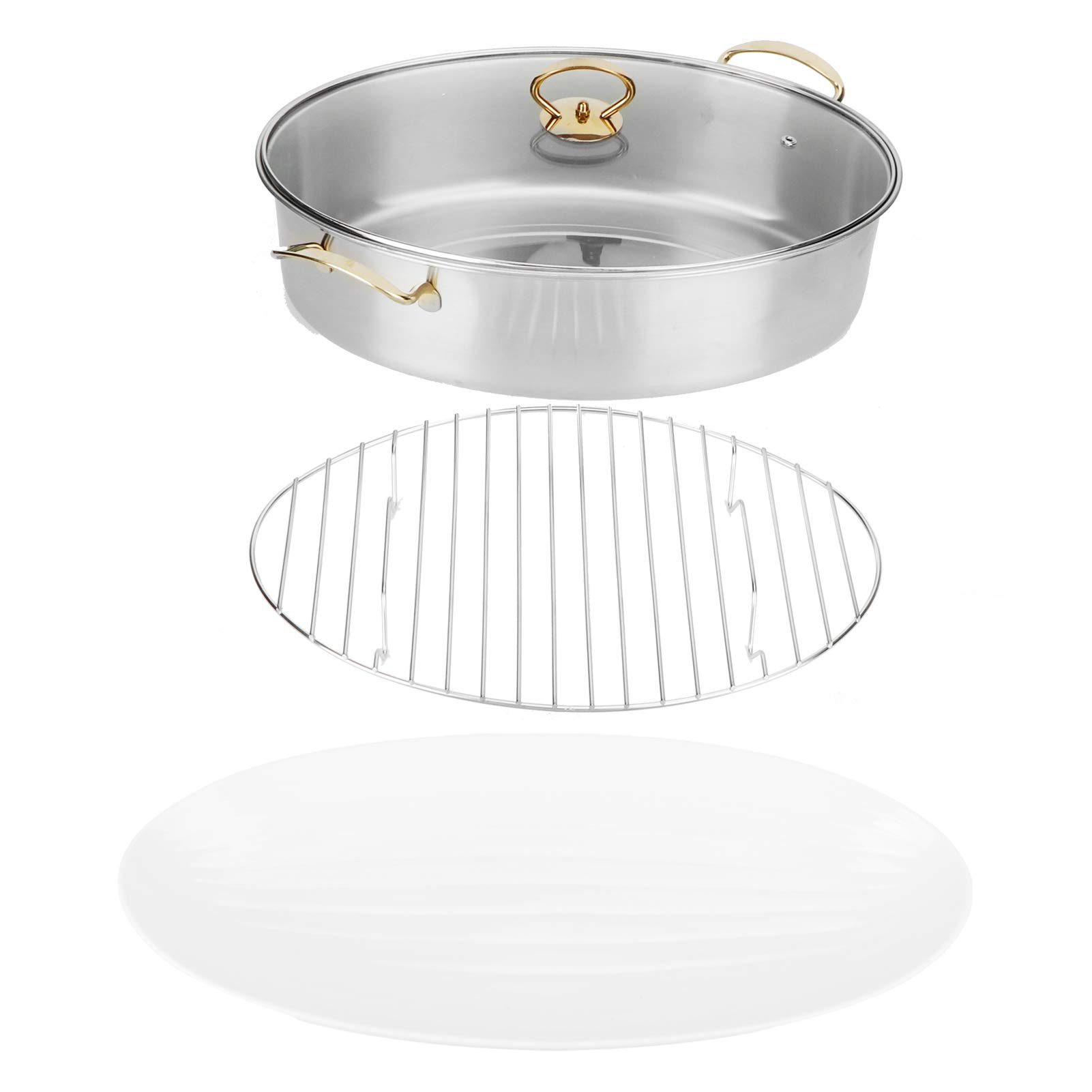 SUNGOOYUE Olla para Cocinar Pescado Al, Olla para Cocinar Al Ovalada de Acero Inoxidable 304 con Tapa de Vidrio, Gran Capacidad 15,2 X 9,8 X 4,3 Pulgadas, Rejilla y Plato para Pescado y Verduras en