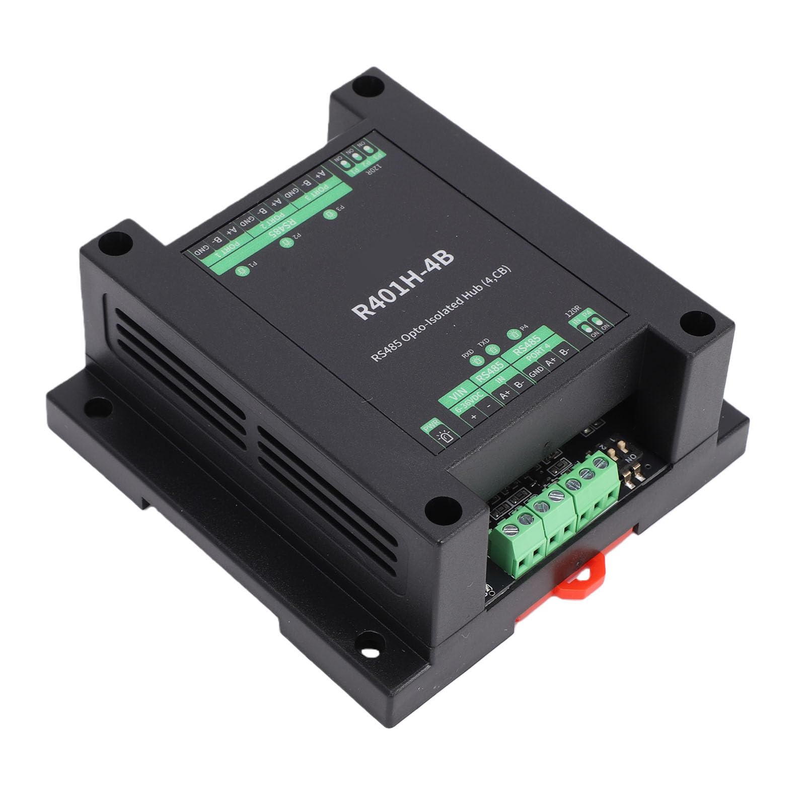 Sxhlseller Hub 485 Optoisolato Trasferimento Trasparente Half Duplex a 4 Porte, Montaggio su Guida DIN Hub 485 con Alimentazione e Isolamento Ottico, 32 Nodi per Porta, velocità di Trasmissione 1Mbps,