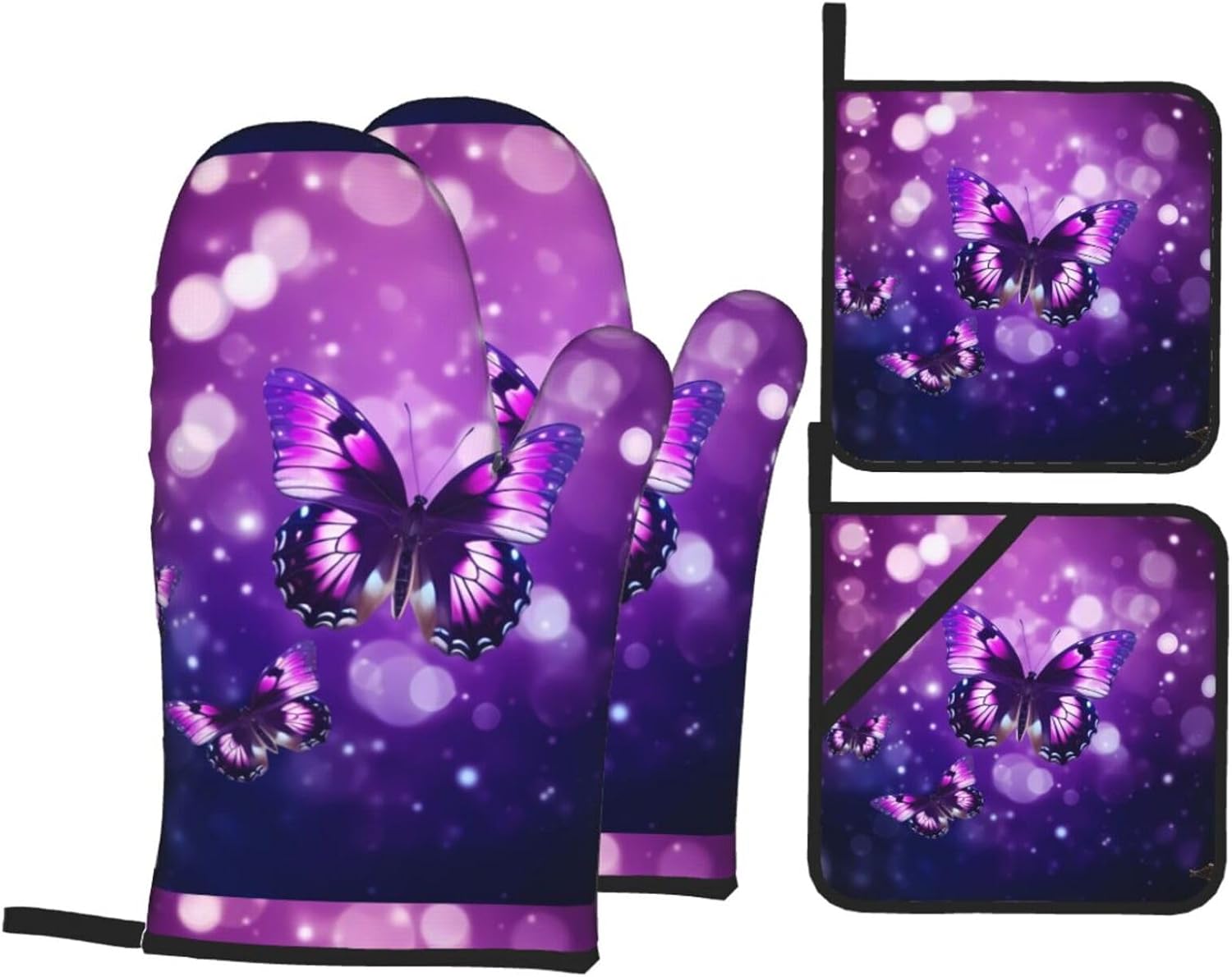 (Purple Butterfly) Baking 4-Piece Set: 2 Oven Mitts and 2 Pot Holders Heat Resistant Waterproof Hanging Loop for Kitchen Oven Grill Housewarming Gifts