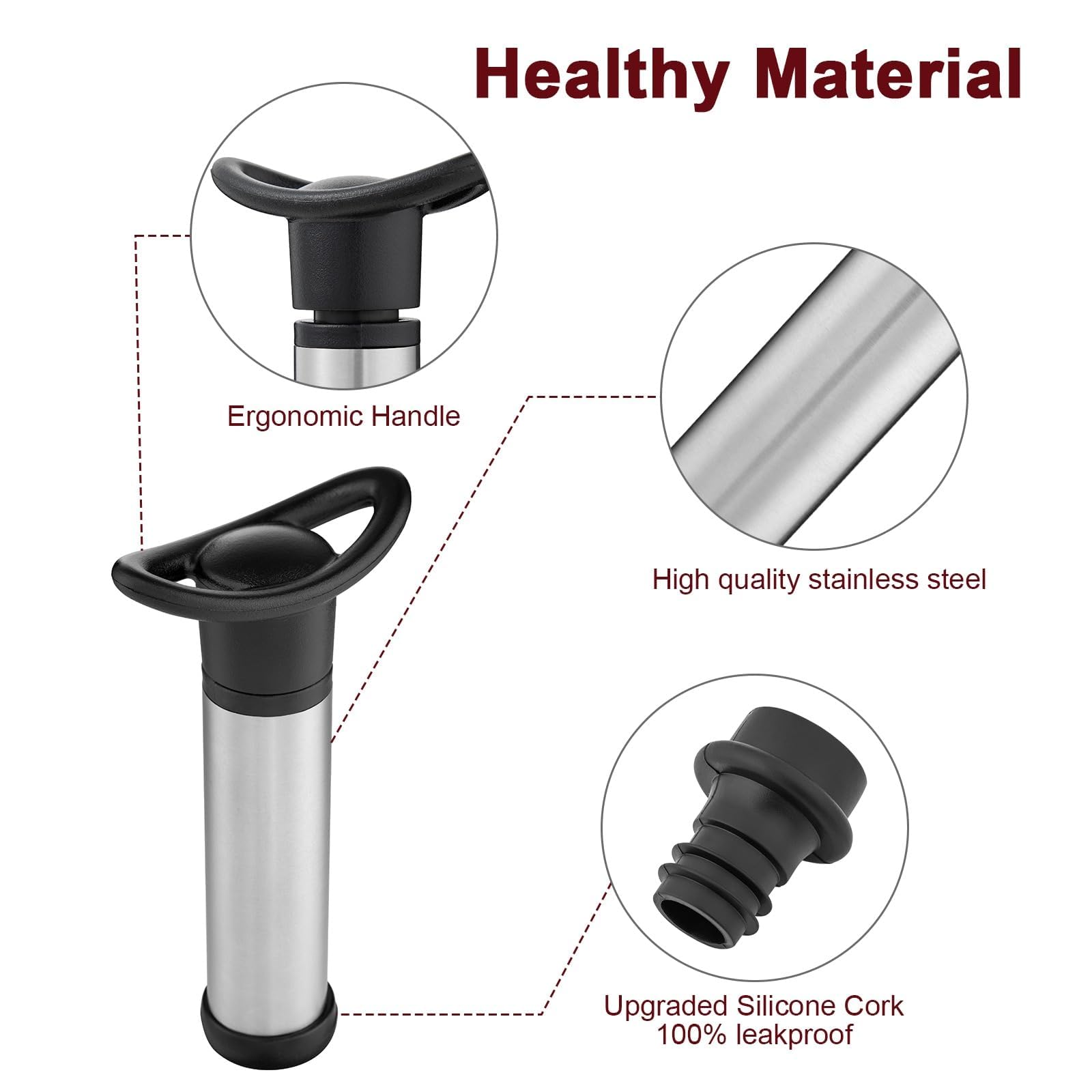 Wine Saver Vacuum Pump with 4 Wine Stoppers, Wine Bottle Stoppers with Food Grade Silicone Leak proof Keep Fresh Suitable for All Standard Wine Bottles