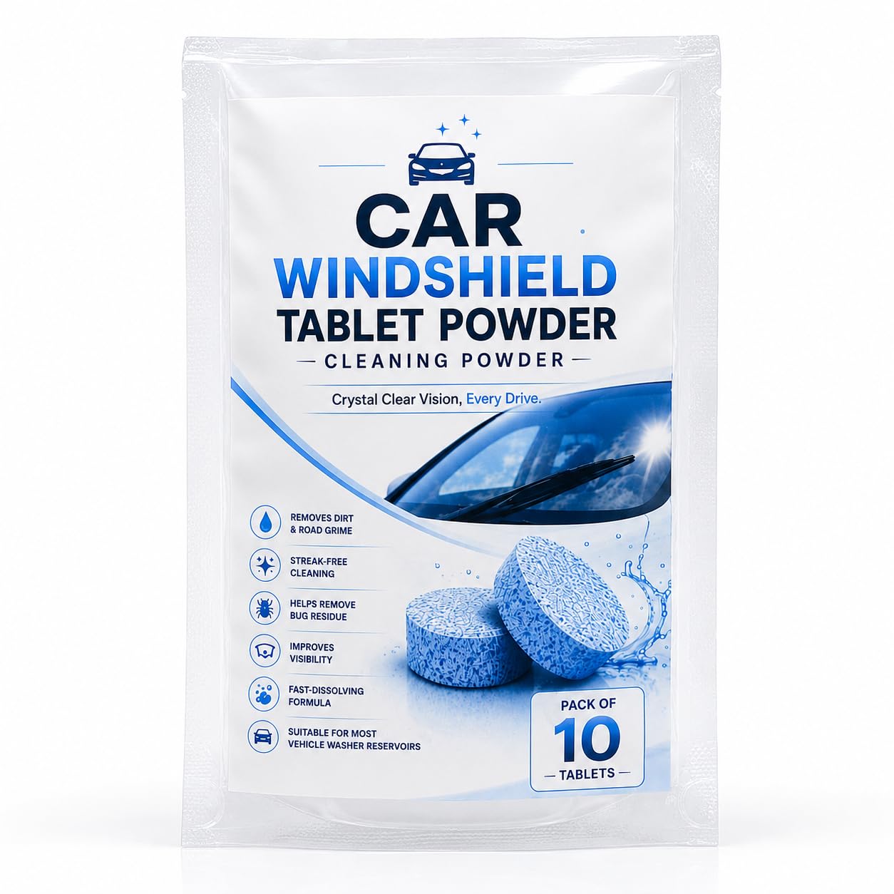 Car Windshield Washer tablet Powder Concentrate, Automotive Glass Cleaning Powder for Wiper Water Tank, Removes Dirt, Oil Film & Insect Stains, Streak-Free Visibility, Pack of 10 Sachets-image-7