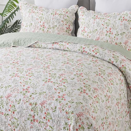 NEWLAKE Quilt Bedspread Sets - Blooming Classic Floral Pattern Reversible Coverlet Set, Queen Size