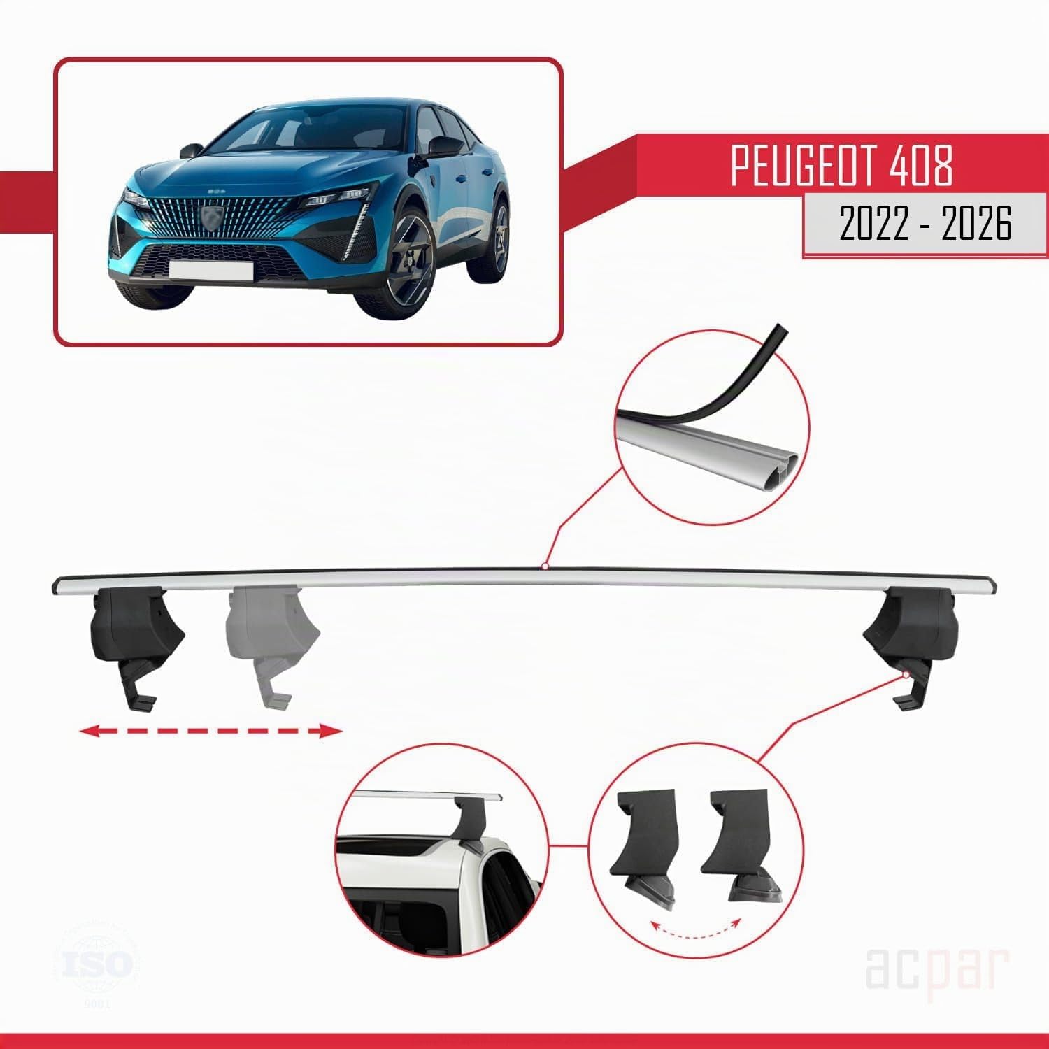 Compatible avec Peugeot 408 (P54) 2022-2026 ACE-4 Barres de Toit Railing Porte-Bagages de Voiture Gris Aluminium 2 Barres