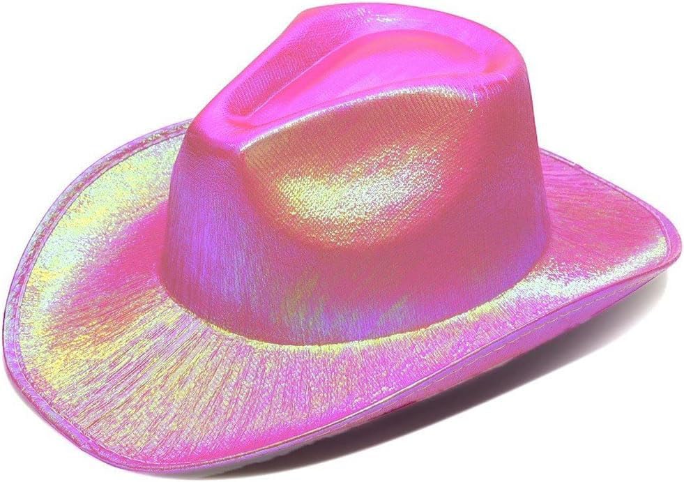 jokeshop Adult Holographic Glitter Cowgirl Hat Fancy Dress Texan Metallic Space Cowboy Hat Party Festival Accessory (Baby Pink)