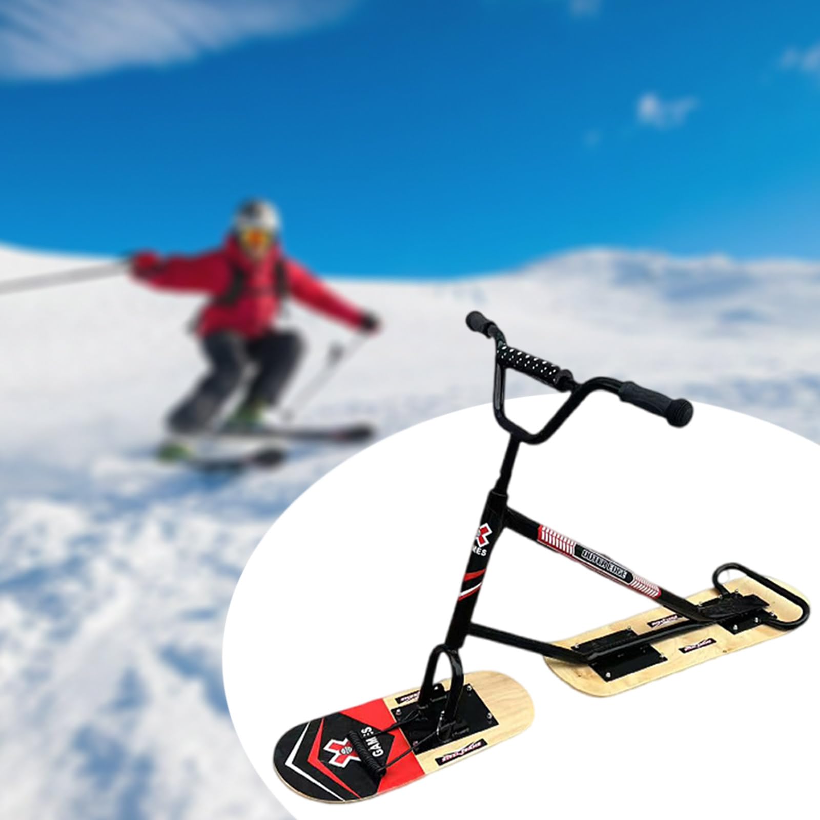 Monopattino Da Neve Per Adulti Adatto A Tutti I Terreni:Sterzo Agile A 360°,Telaio In Alluminio Rinforzato Con Doppie Lame,Supporta Fino A 150 kg,Per Piste Battute E Neve Farinosa Black