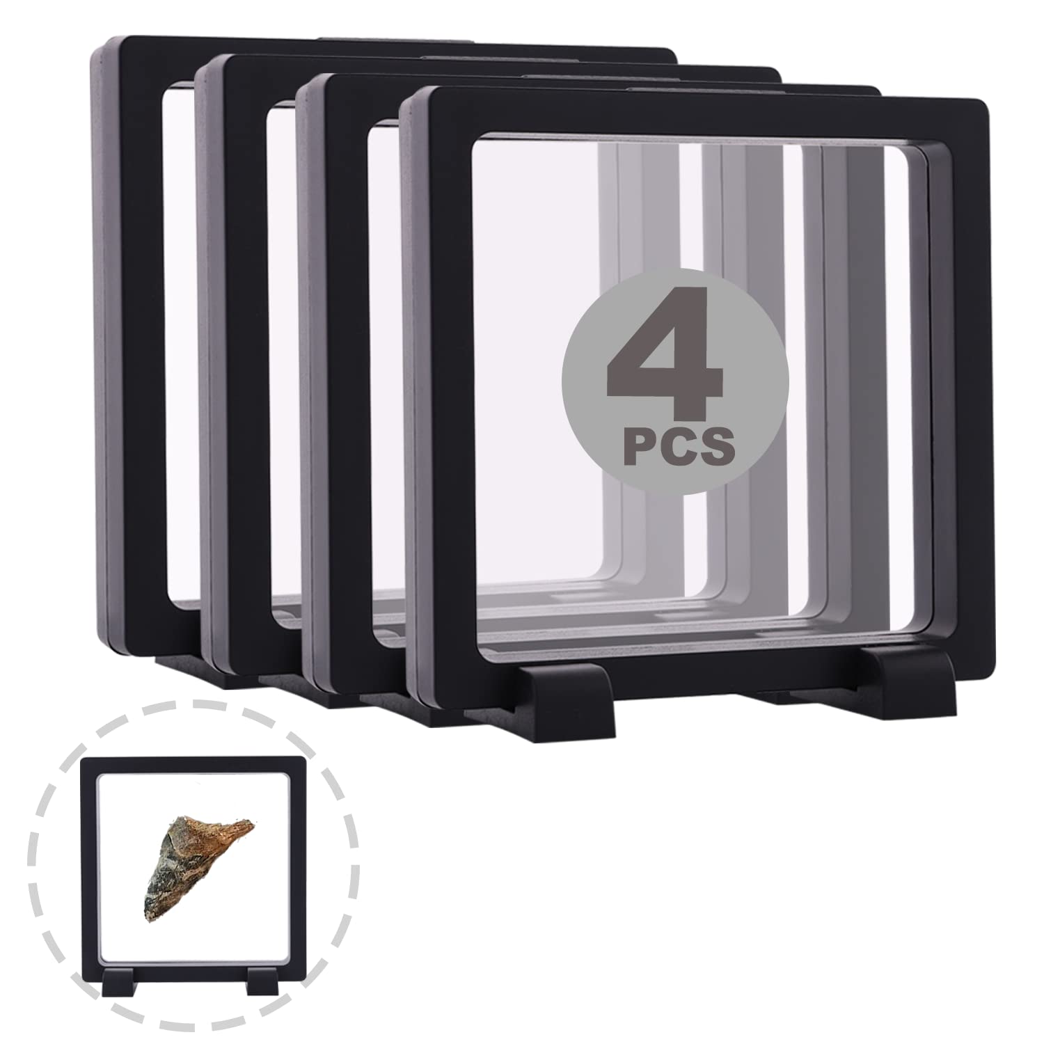 YITOU 4 Set 4.3 Inch 3D Floating Display Frame Case for Jewelry, Challenge Coin Display Stands Case Holder for Fossil, Rock, Gemstones, Megladon Tooth, Specimens, Floating Frame Case