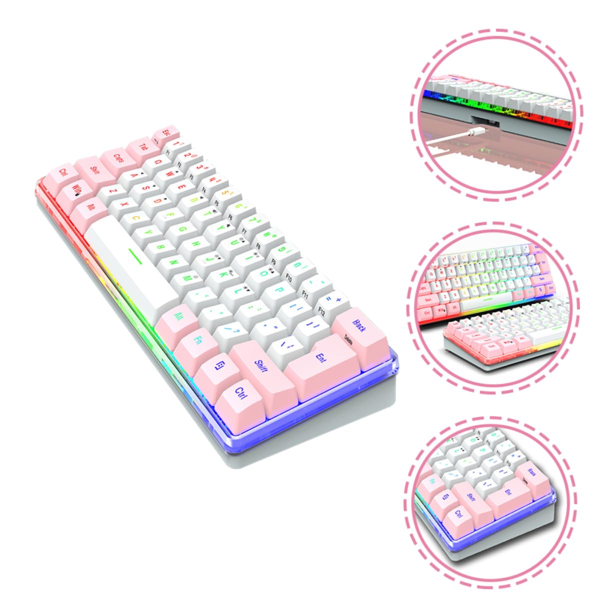 HEMOTON Tastiera Gaming Meccanica Compatta 61 Tasti Abs Rgb Multimediale | Tastiera Gaming Compatta, USB Interfaccia, per Gioco Multimediale, Design Compatto da 61 Tasti