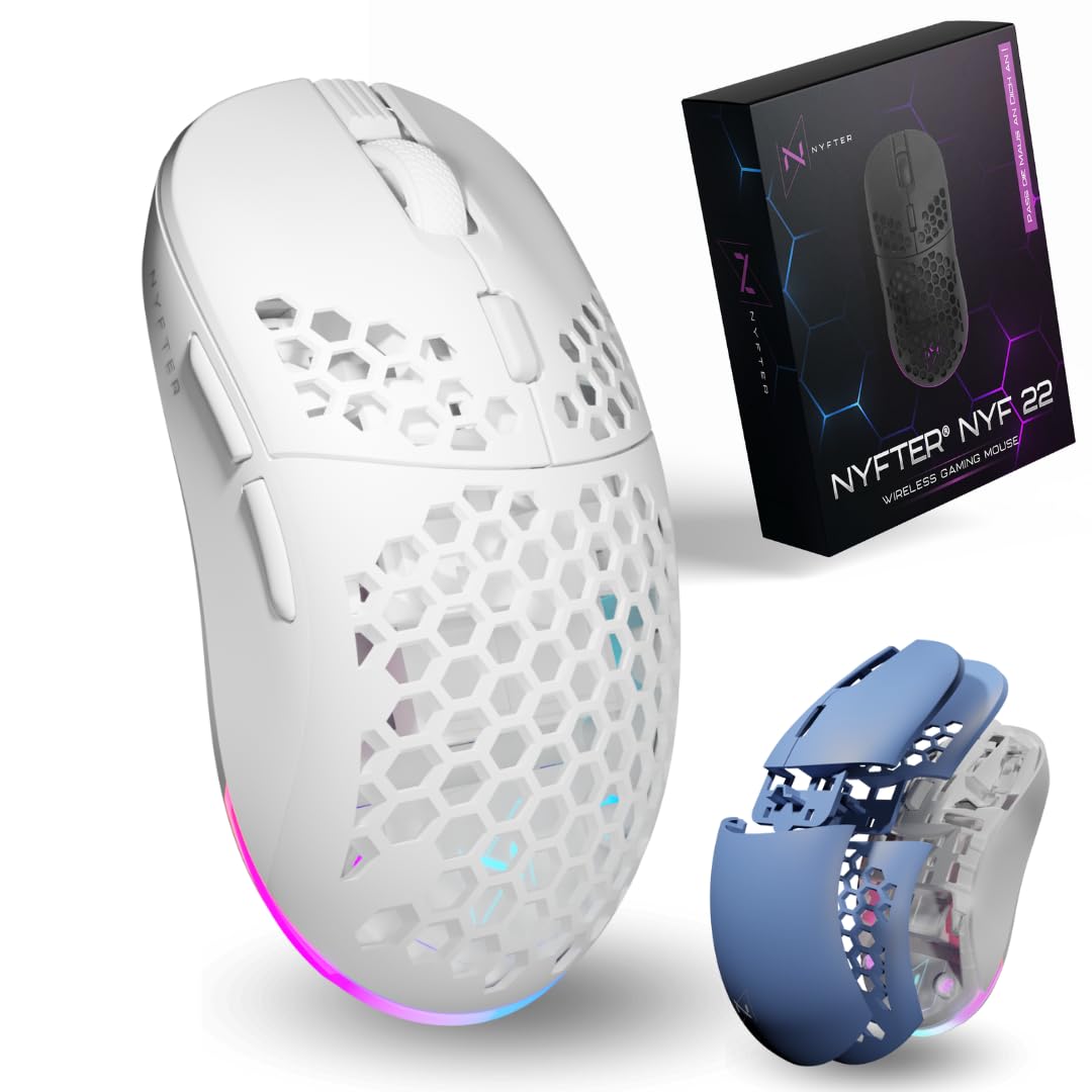 Nyfter - NYF22 bezprzewodowa mysz gamingowa z biało-niebieską myszką Honeycomb, ultralekka, 75 g, wydajna 400 mA 19 K DPI, 400 IPS 1000 Hz, czas pracy baterii 50 h, długa żywotność, dwie wymienne etui, w zestawie