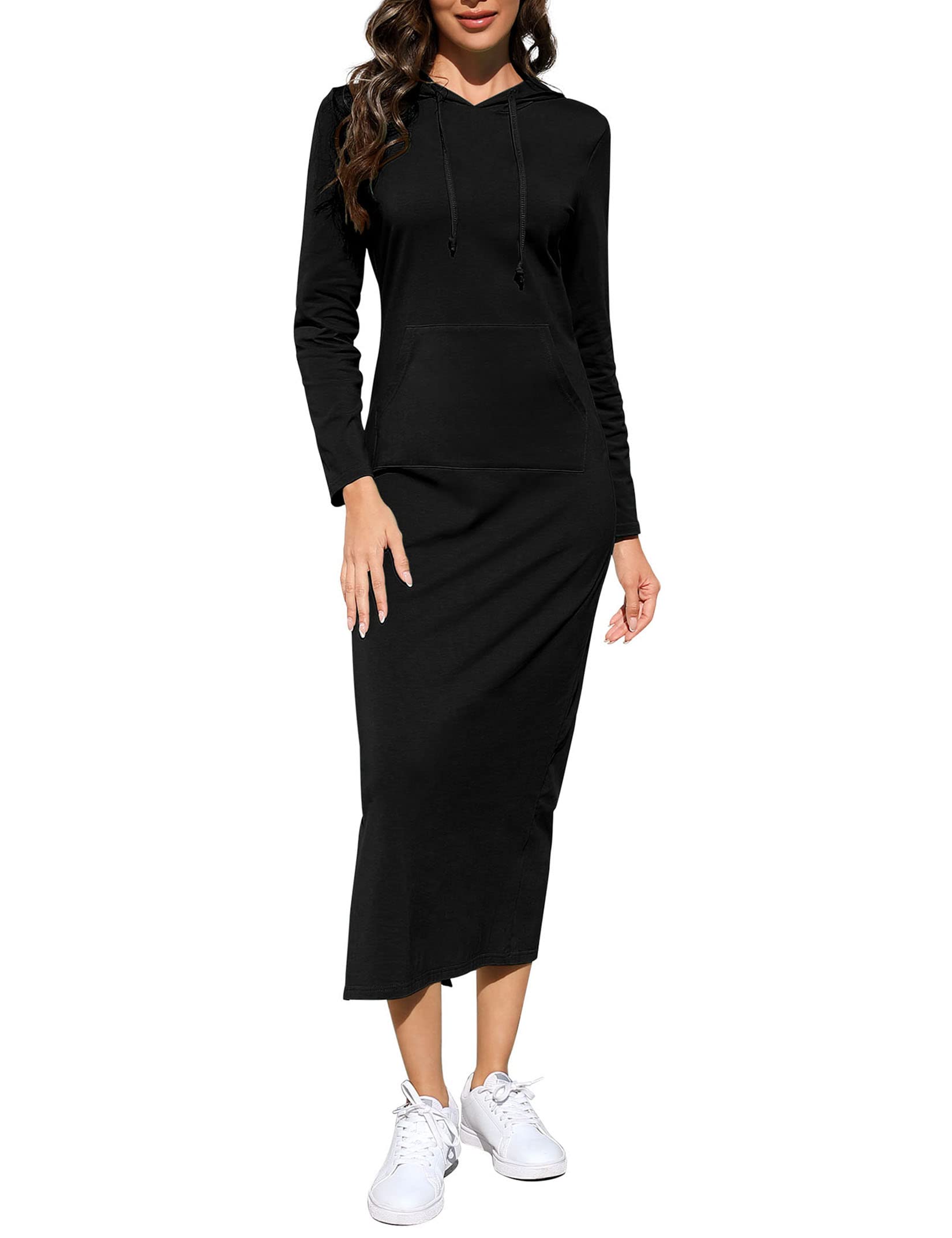 BeautyNeeWomen's Casual Long Sleeve Side Slit Pullover Maxi Hoodie Dress  Slim Sweatshirt Long Dresses with Pockets
