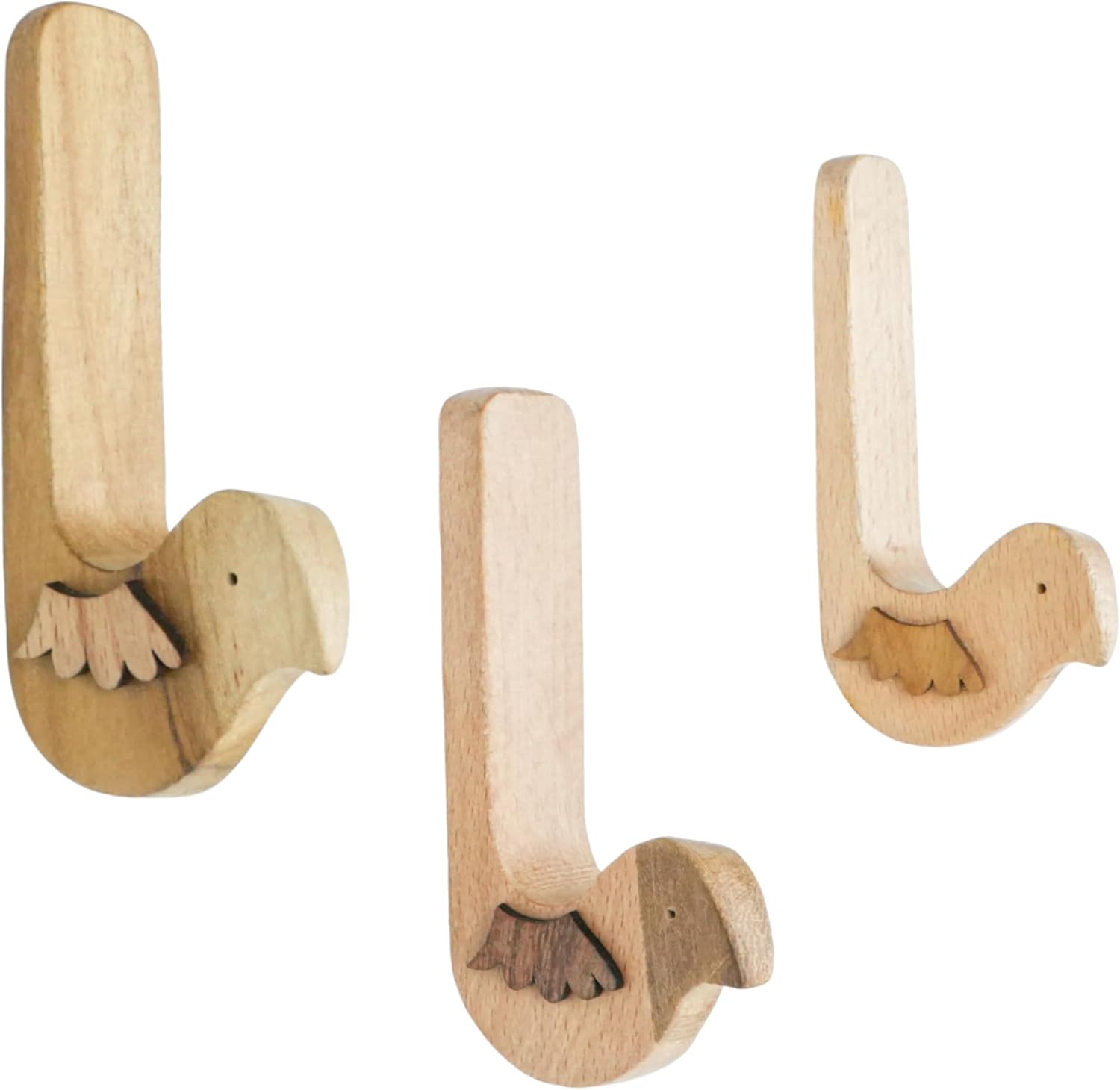 Indian Shelf Cute Bird Wood Wall Hooks -Decorative Adhesive Hooks for Hanging Keys, Jewelry & Cords - Renter-Friendly Damage-Free Wall Decor for Nursery, Entryway & Kitchen- 3 Pack with 6 Strips