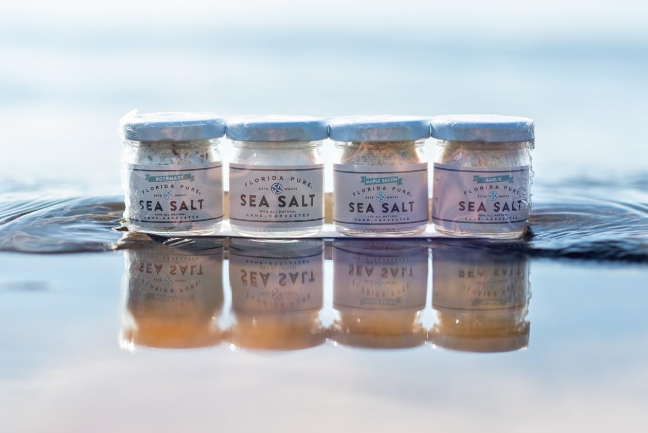 FLORIDA PURE Sea Salt Sunshine Sampler Pack - Pure & Flavored - 80+ Mineral Salt, Natural, Unrefined, Non Iodized - for Baking, Cooking, & Seasoning - Flaky Sea Salt - 4 Glass Jars (0.7 oz Each)