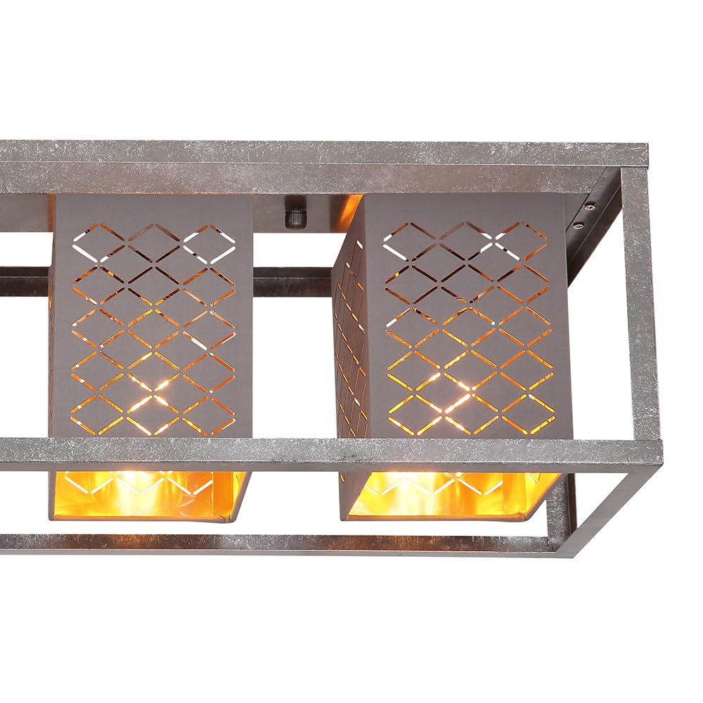 Deckenleuchte Wohnzimmerleuchte Deckenlampe Esszimmerlampe Stoff 4 flammig, Metall grau gold silber, 4x E27 Fassung, LxBxH 75x20x22,5 cm