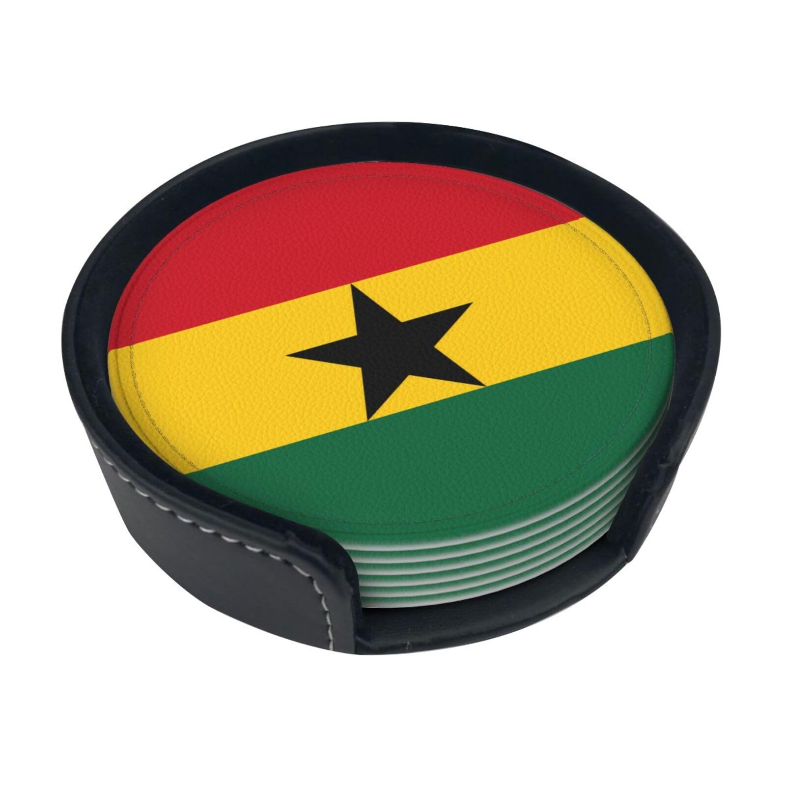 Cntdbu White Flag Of Ghana Leather Coasters Set Of 6-Pu Leather Drink Mats For Table, Heat Resistant Round Coasters With Holder
