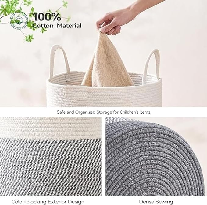 Image of Jute Cotton Rope Laundry Basket with Handles, Large Tall Clothes Hamper for Bedroom, Baby Nursery, Bathroom, Laundry Room & Home Storage Organizer (15x18 Inch, Grey Mix & White)