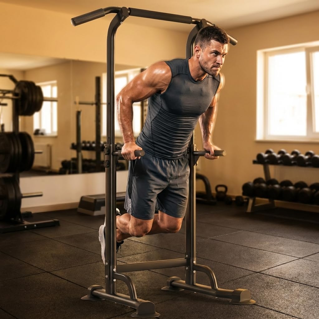 Power Tower Pull Up & Dip Station Multi-Function Home Strength Training Fitness Workout Station Height Adjustable, Black