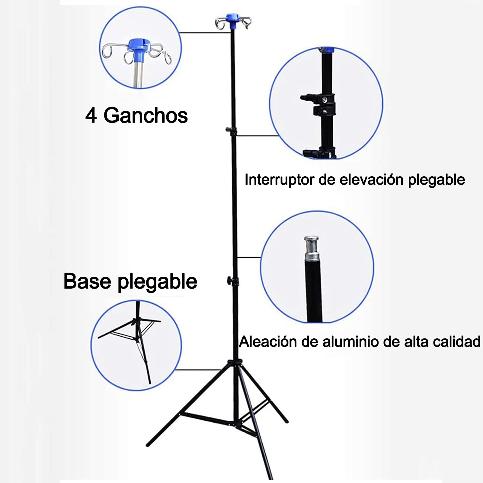 Soporte Porta Sueros Plegable Portátil de 4 Ganchos, Soporte de Goteo Hospitalario para Hospital y Clínica para Ancianos Aleación de Aluminio (Size : 27.5-82.6")