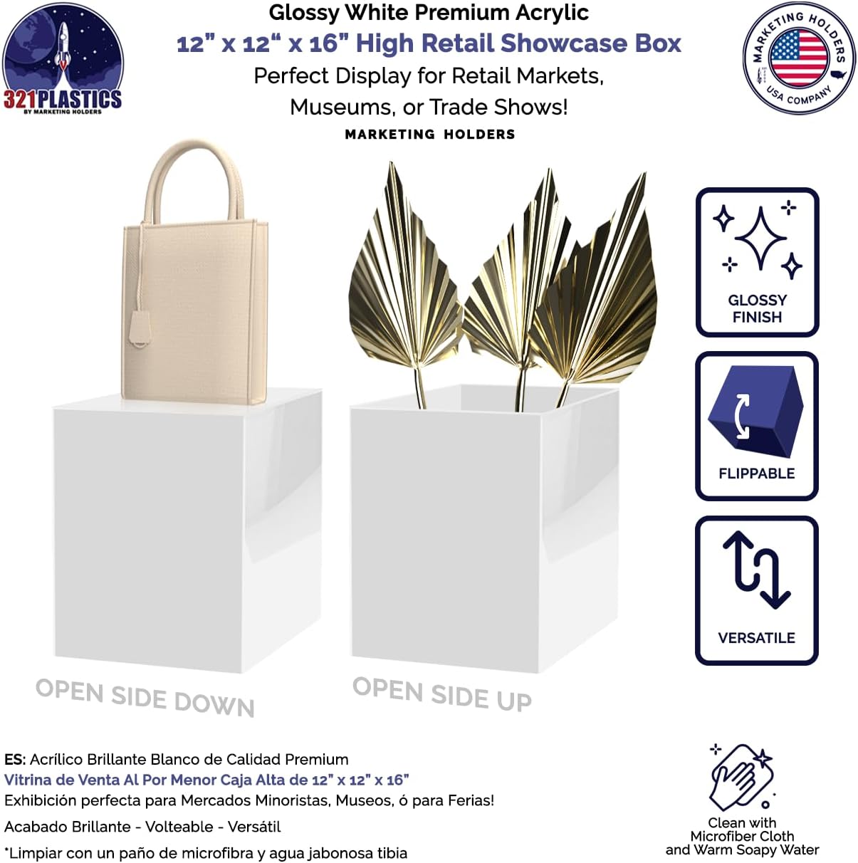 12" x 12" x 16" White Acrylic Display Box with One Open Side No Lid Versatile Tall Retail Product Riser or Merchandise Storage Bin by Marketing Holders