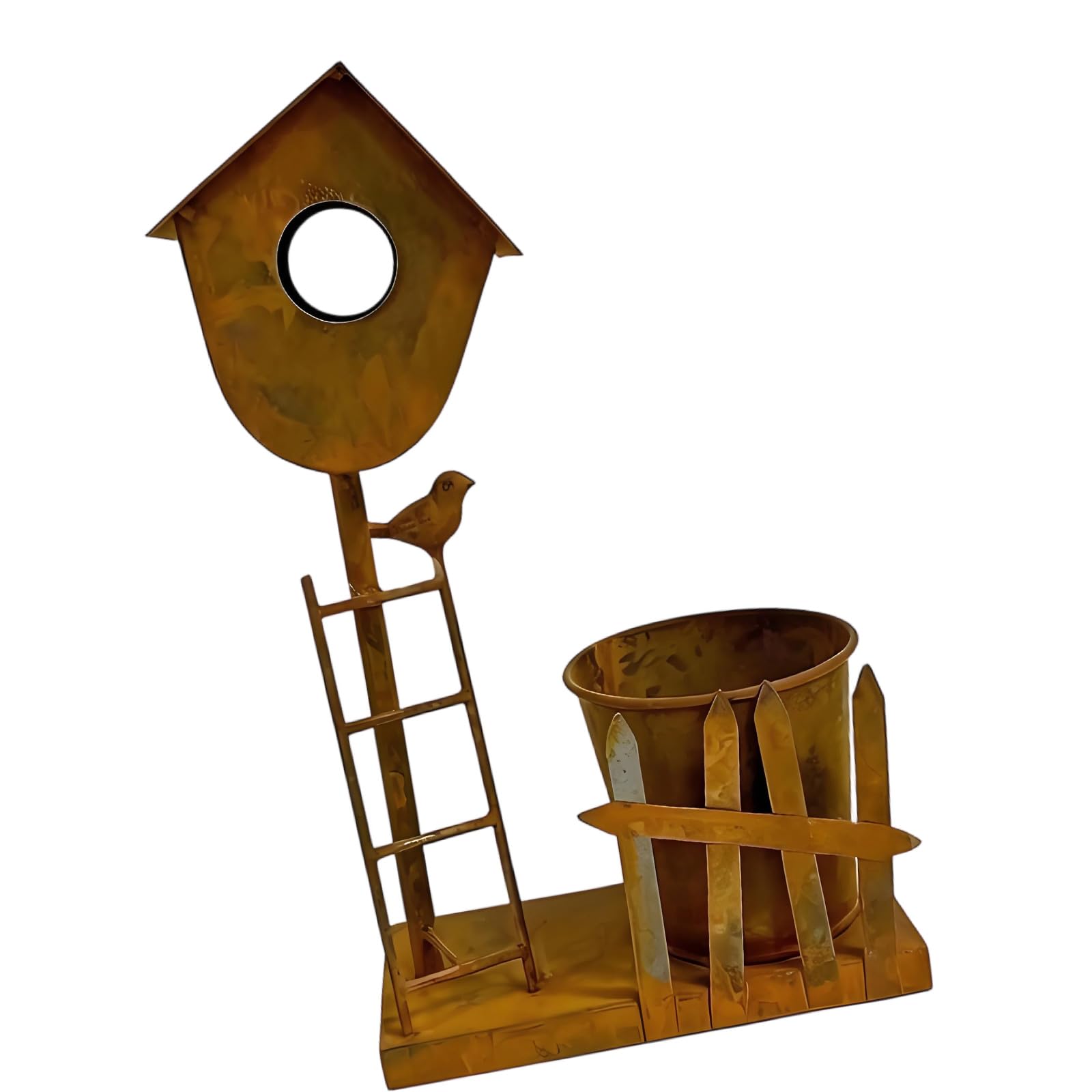 Round Metal Flower Holder Birdhouse Decoration, Vintage Garden Planter Decor with Ladder and Bird Detail for Garden Shelf, Porch Corner, or Balcony Display Metal Birdhouse Planter Vintage Decor Iron