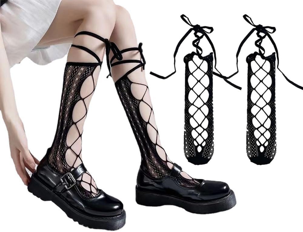 2 Pair Thigh High Fishnet Stockings with Bow Womens Lace Ruffle Knee High Socks Bowknot Tie Lolita Tights Harajuku Stockings for Women's Lolita Dress Girls Princess Dress Up Cosplay Costume