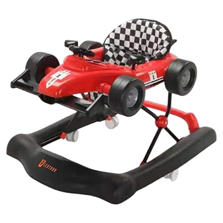 Leotoon 2-in-1 F1 Racing Car Walker | 3 Level Height Adjustment | 4 Level Seat Adjustment | Musical Tray | Unisex | With Foot Mat | Oxford Seat | Anti-Fall | 8 Mute Wheels | Anti-Skid | Wide Rectangular Base | Smooth and Safe Walking for Kids (6-24 Months) (Red)