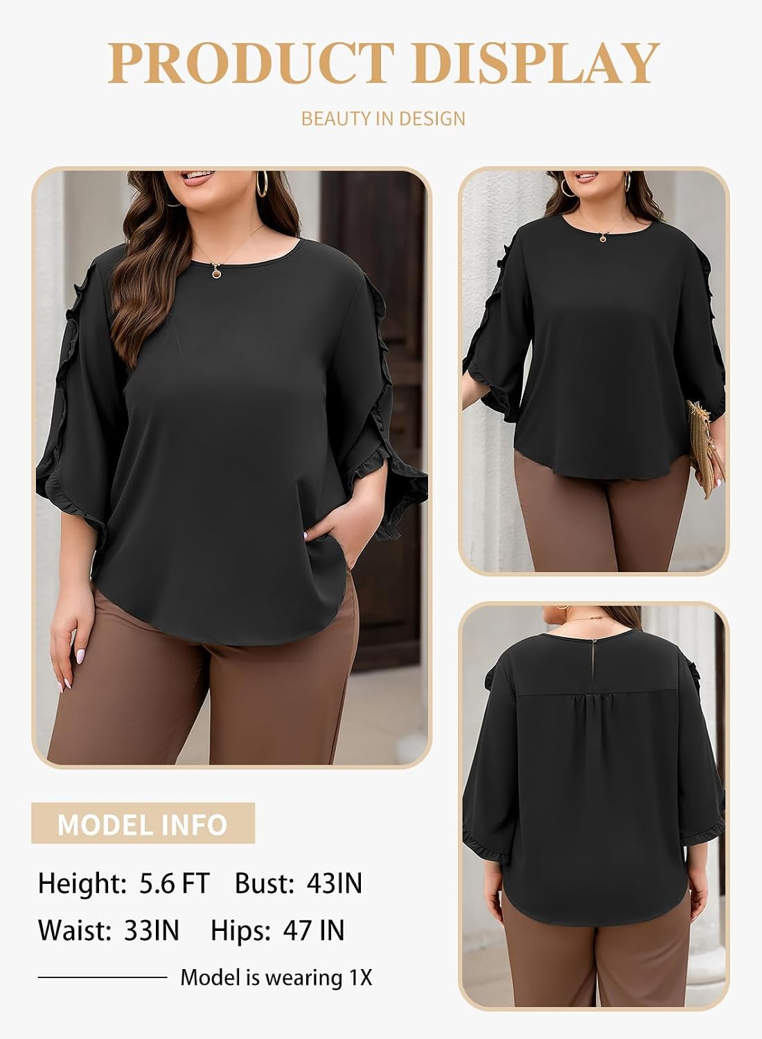 Eytino Plus Size Women Blouses Crewneck 3/4 Length Sleeve Ruffle Tops Dressy Casual Business Work Office Shirts(1X-5X)