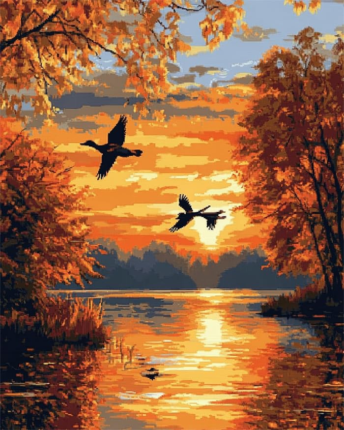 Broderie Point de Croix paysage au coucher du soleil pour décorer votre salon