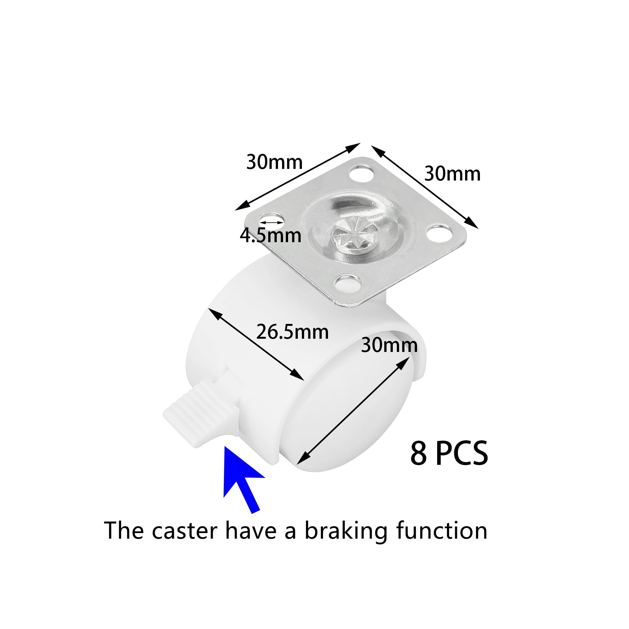 8 PCS Universal Swivel Casters with Brakes - 360° Rotating Castor Wheels for Carts Shelves, and More (White, 1 inch) - Image 4