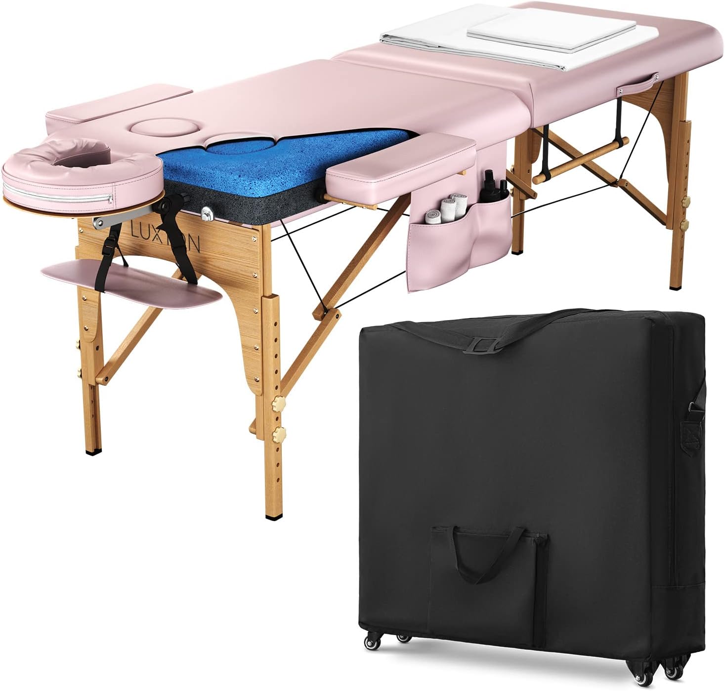 Luxton Home Women’s Premium Memory Foam Massage Table with Custom Breast Holes and Custom Sheets - Rolling Carrying Travel Case - Easy Set Up - Foldable & Portable