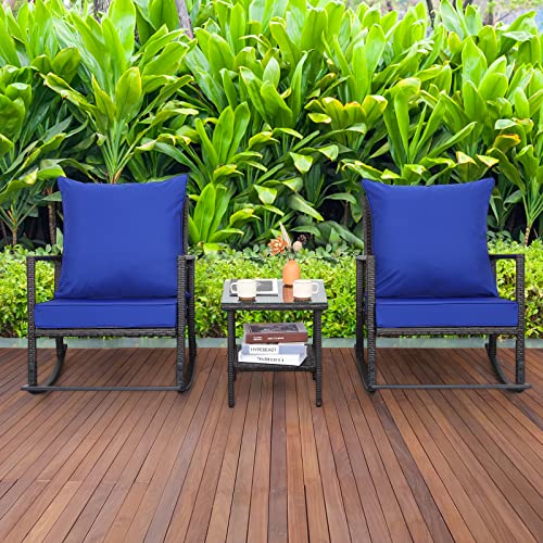 Rattaner Patio Rocking Chair Side Table 3 Pieces Outdoor Chairs Bistro Set With Tempered Glass Coffee Table Outdoor Table And Chairs Anti-Slip Cushions, Royal Blue #TOP1